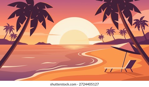 Ilustración vectorial al atardecer de la playa tropical. Paisaje de verano con siluetas de palmeras, océano, paraguas y silla de salón