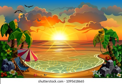 Tropical Beach At Sunset. Vector Landscape With Palm Trees.