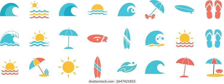 Tropical Beach and Surf Icon Set Vector - Summer Vacation Elements with Waves, Sun, Umbrellas, Surfboards, and Flip-Flops