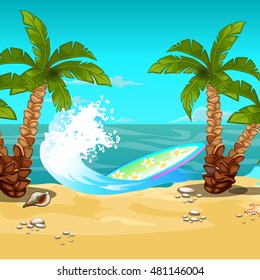 Tropical beach. Surfboard. Vector illustration.