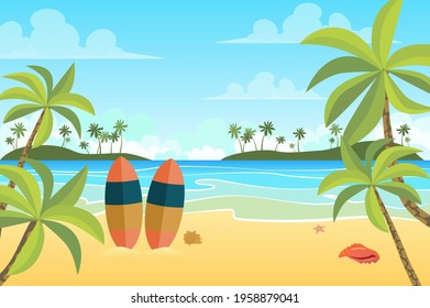 Tropical beach with surfboards landscape background in flat style. Seashore or ocean, palm trees on islands, active recreation at seaside resort. Nature scenery. Vector illustration of web banner