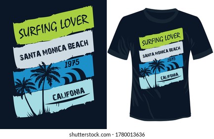 tropical beach surfing lover with palm trees vector vintage t-shirt illustration design, California Santa Monica beach surfing t-shirt design black 