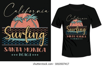 tropical beach Surfing with palm trees and surf board vector vintage t-shirt illustration design, California Santa Monica beach surfing t-shirt design 