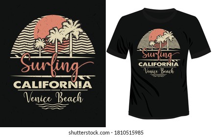 tropical beach Surfing with palm trees vector vintage t-shirt illustration design, California Venice beach surfing t-shirt design