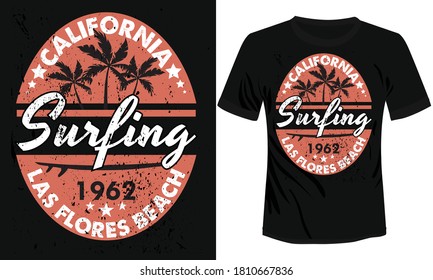 tropical beach Surfing with palm trees vector vintage t-shirt illustration design, California Las Flores beach surfing t-shirt design