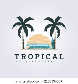 tropical beach surfing summer logo vector illustration design