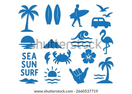 A tropical beach and surf-themed vector set with palm trees, waves, surfboards, a van, flamingos, and ocean elements with quotes, in a bold graphic style. Perfect for t-shirt prints, posters, stickers