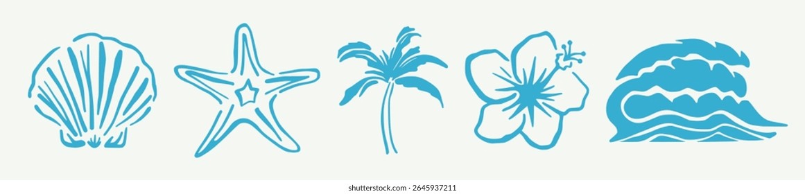 Tropical beach themed illustration set with coastal summer vibes featuring hand drawn seaside elements.