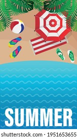 Tropical beach top view background with umbrella, ball and. Summer vacation Vector flat design illustration. Abstract summer background design template for banner, flyer, invitation, poster.
