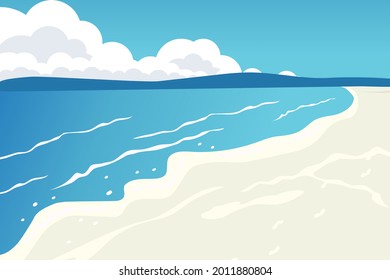 Tropical beach Turquoise sea water Sun blue sky Yellow sand White clouds Ocean wave Good summer holidays Exotic island vacation Beautiful seascape Caribbean travel Maldives landscape Vector background