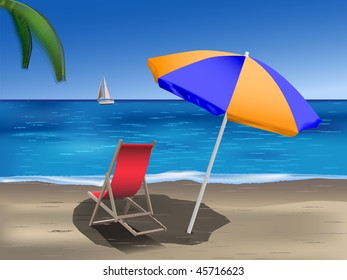 tropical beach with umbrella and deck chair