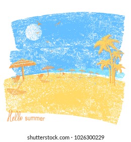 Tropical beach with beach umbrellas and palms.Vector symbol of seascape vacation  on old paper texture