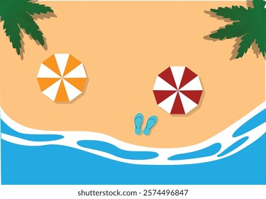 Tropical Beach with Umbrellas Top View Flat Style. Summer vacations and exotic location travel concept vector art