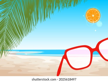 Tropical beach under a palm tree with orange sun and red sunglasses. Summer sea vacation and travel concept