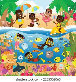 Tropical beach and the underwater world of the ocean. Children and fish swim near the coral reefs and play on the shore. Lots of small details. Illustration for printable children's puzzles.