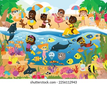 Tropical beach and the underwater world of the ocean. Children and fish swim near the water and have fun playing on the shore. Illustration for printable children's puzzles.