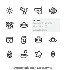 Tropical Beach Vacation (1), editable stroke icons