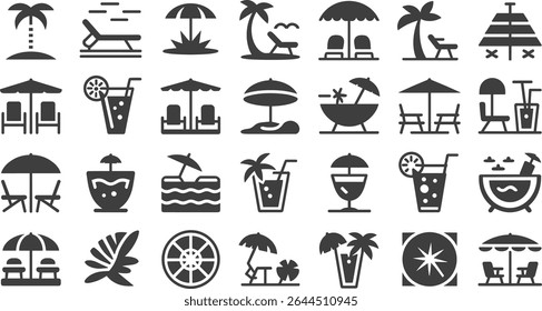 Tropical Beach Vacation Icons Relaxation, Drinks, and Paradise