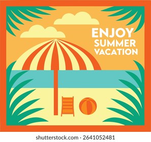 Tropical Beach Vacation Illustration with Umbrella and Ball. 