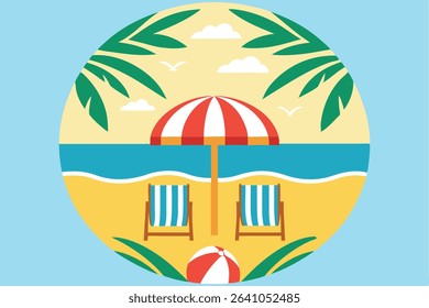 Tropical Beach Vacation Illustration with Umbrella and Ball. 