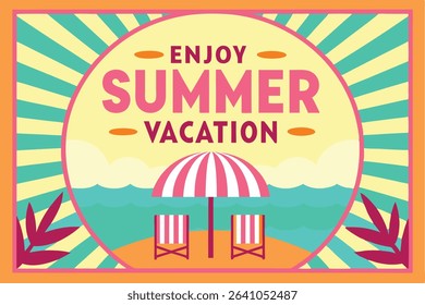 Tropical Beach Vacation Illustration with Umbrella and Ball. 