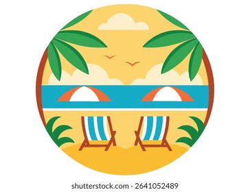 Tropical Beach Vacation Illustration with Umbrella and Ball. 
