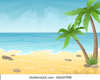 Tropical beach. Vacation nature background with palm tree, sand and sea.