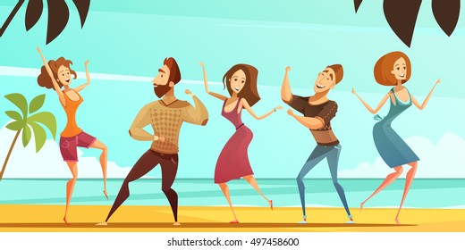 Tropical beach vacation party poster with men and women dancing poses with ocean background cartoon vector illustration 