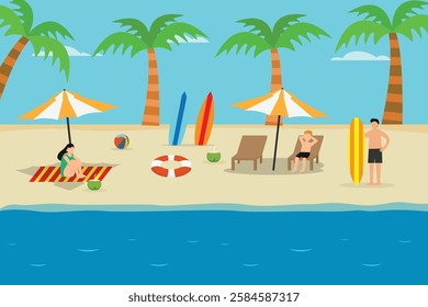 Tropical Beach Vacation – Relaxing Summer Scene with Surfboards and Palm Trees 2d flat vector illustrations