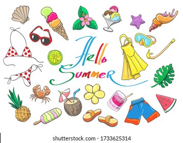 Tropical beach vacation sketch vector elements. Hand drawn cute summer fun icons, beach party doodle illustrations, exotic fruits and seashells, summer bikini clothes and ice cream sketches
