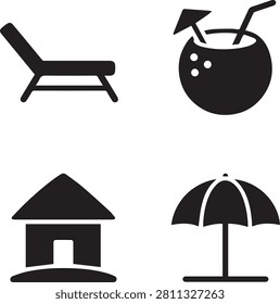 Tropical beach vacation vector icon set. Black silhouette icons of a beach lounge chair, coconut cocktail with straw, beach bungalow, and sun umbrella.