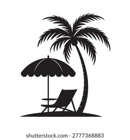 Tropical beach vacation vector silhouette with palm tree and sunbed