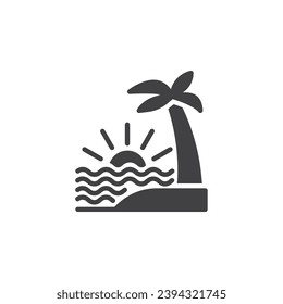Tropical beach vector icon. Beach with sunset and palm tree filled flat sign for mobile concept and web design. Island travel glyph icon. Symbol, logo illustration. Vector graphics