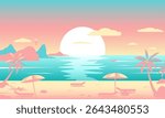 Tropical beach vector illustration with palm trees, umbrellas, sun loungers, calm sea, mountains, clouds, and sunset in pastel colors. Perfect for summer and vacation themes