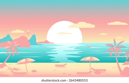 Tropical beach vector illustration with palm trees, umbrellas, sun loungers, calm sea, mountains, clouds, and sunset in pastel colors. Perfect for summer and vacation themes