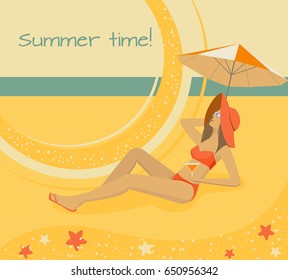 Tropical beach vector illustration. Summer seascape. Woman with red hat sunbathing on the beach.

