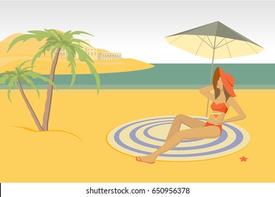 Tropical beach vector illustration. Summer seascape. Woman sunbathing on the beach

