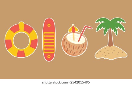 Conjunto de vetor de praia tropical com boia salva-vidas, prancha de surfe, bebida de coco e palmeira Ideal para férias de verão e ilustrações de viagem

