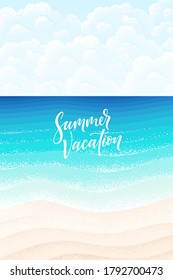 Tropical beach vertical background. Blue, bright turquoise sea, sand, sky and  fluffy clouds. Retro vector illustration. Design for poster, flyer, invitation, card, banner, brochure. Place your text
