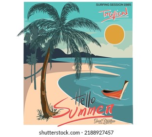 Tropical beach vibes. Hello summer vibes print design. Surfing paradise vector artwork. Palm beach graphic print illustration. 
