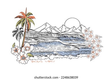 tropical Beach Vibes, Surfing beach vector landscape, panorama view with waves, sun and seagulls. Illustration of surf board in the sand. Black and white vintage sketch.