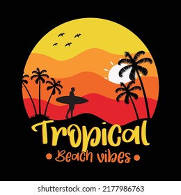 Tropical beach vibes vintage style t-shirt and apparel trendy design with sunglass silhouettes, typography, print, vector illustration