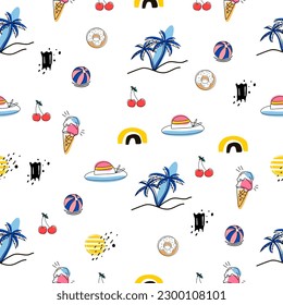 Vibe tropical de playa.Vector sobre patrón veraniego.verano patrón con helado, cereza,árbol de coco de bolas,Diseño para impresión de tela,Libro de cubierta,Niños