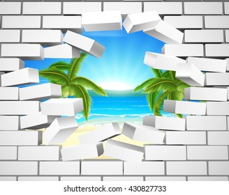 A tropical beach visible behind a white brick wall. Concept for opportunity or a positive future.
