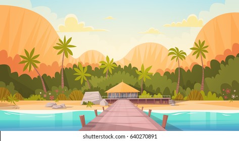 Tropical Beach With Water Bungalow House Landscape, Summer Travel Vacation Concept Flat Vector Illustration