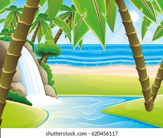 Tropical beach and waterfall.