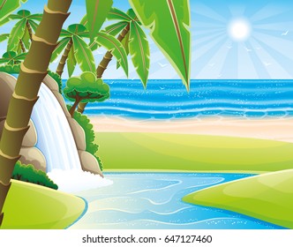 Tropical beach and waterfall.