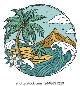 Onda de playa tropical con palmeras, montañas y puesta de sol para estampado de camiseta. Vector estilizado de un paisaje costero tranquilo para viajes de verano y vacaciones.