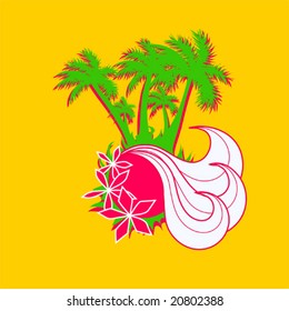 Tropical beach with the waves and palms. Vector illustration. Tropical logo.