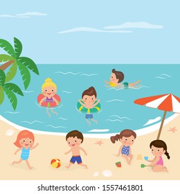 Tropical beach,cartoon kids rest and relax. Nature sea landscape. Ocean view and happy children have summer time game activities. Flat vector illustration